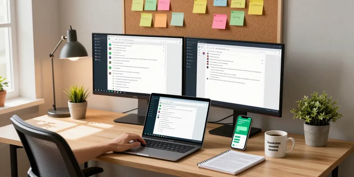 Engaging with WhatsApp電腦版 in a modern home office with dual monitors and a cozy atmosphere.