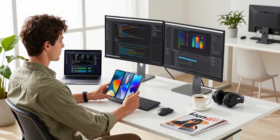 Professional using a tri-fold phone at a modern tech workspace, showcasing multitasking with screens and gadgets.