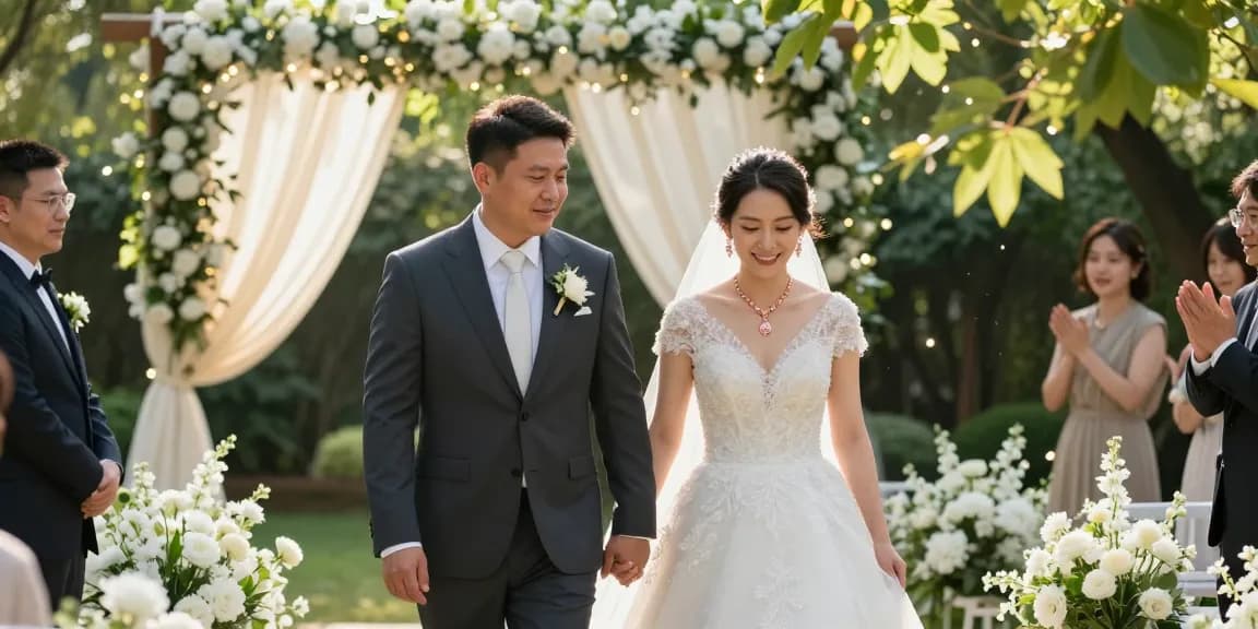 Rose gold bridal jewellery showcased on a smiling bride during an outdoor wedding ceremony.