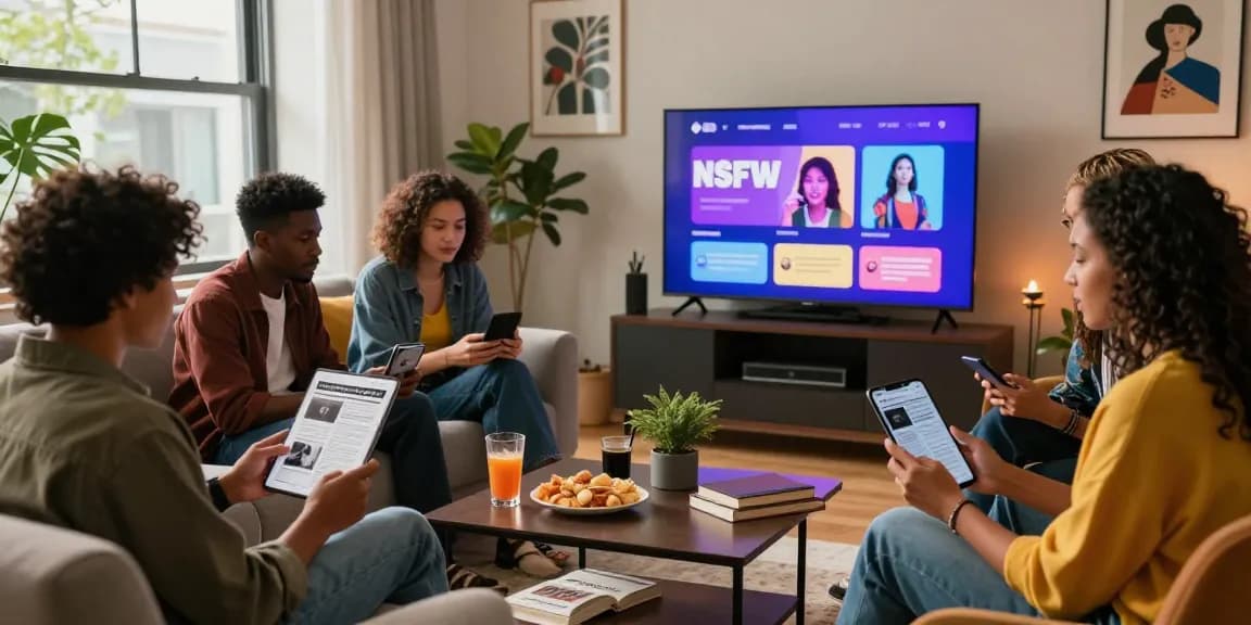 Diverse friends exploring NSFW content on devices in a stylish urban living room.