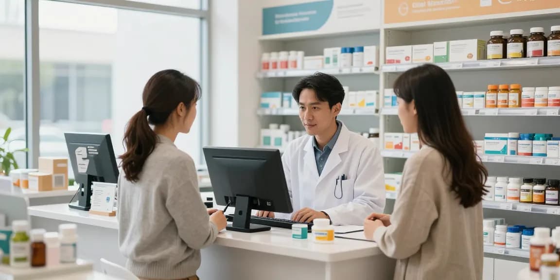 Engaging scene of pharmacist providing consult on retatrutide for sale in modern pharmacy environment