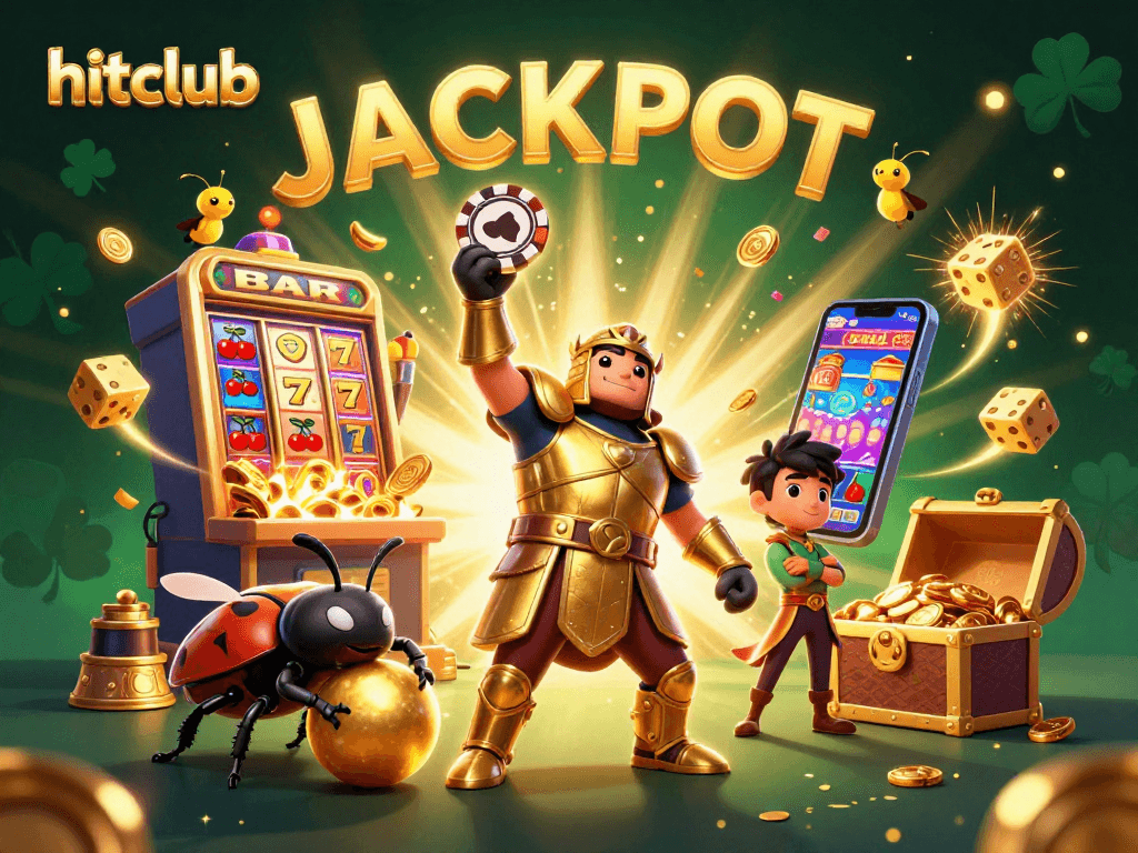 The hitclub brand showcases a victorious beetle character lifting a poker chip amid a lively casino scene filled with slot machines and golden coins.