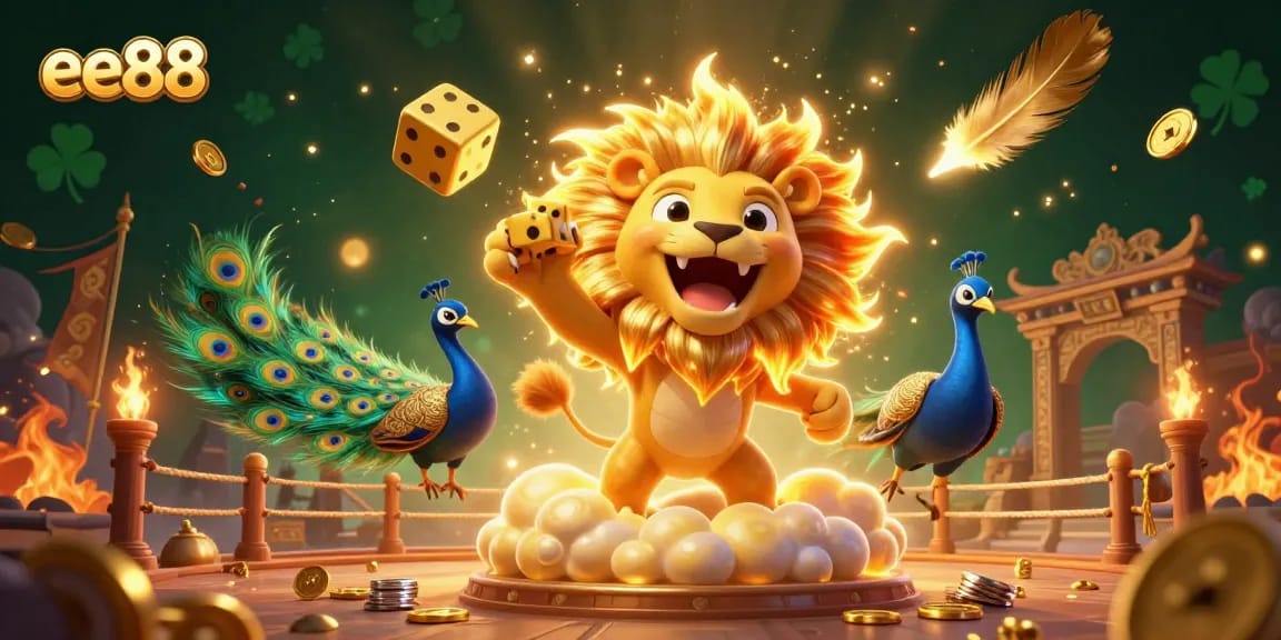 Experience thrilling gambling with ee88, featuring a majestic lion and dynamic gaming elements in vibrant 3D.