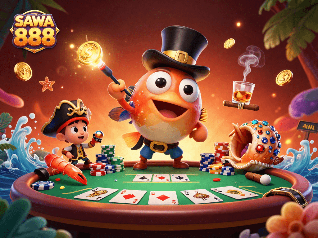 Experience the thrill of SAWA 888 with dynamic characters and vibrant casino elements in this engaging illustration.
