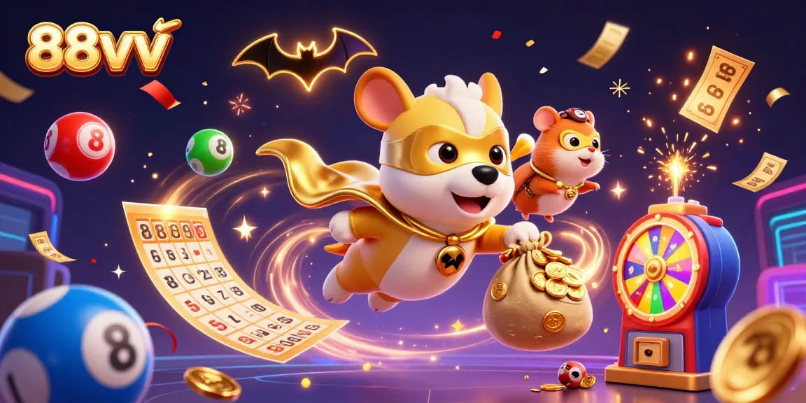 88vv showcases a superhero dog and hamster celebrating with lottery elements in a vibrant casino illustration.