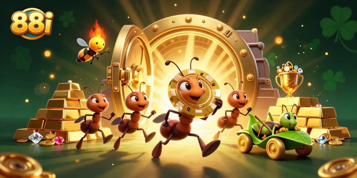 Experience the thrill of 88i as ants execute a heist for a giant poker chip amidst a treasure-filled scene.