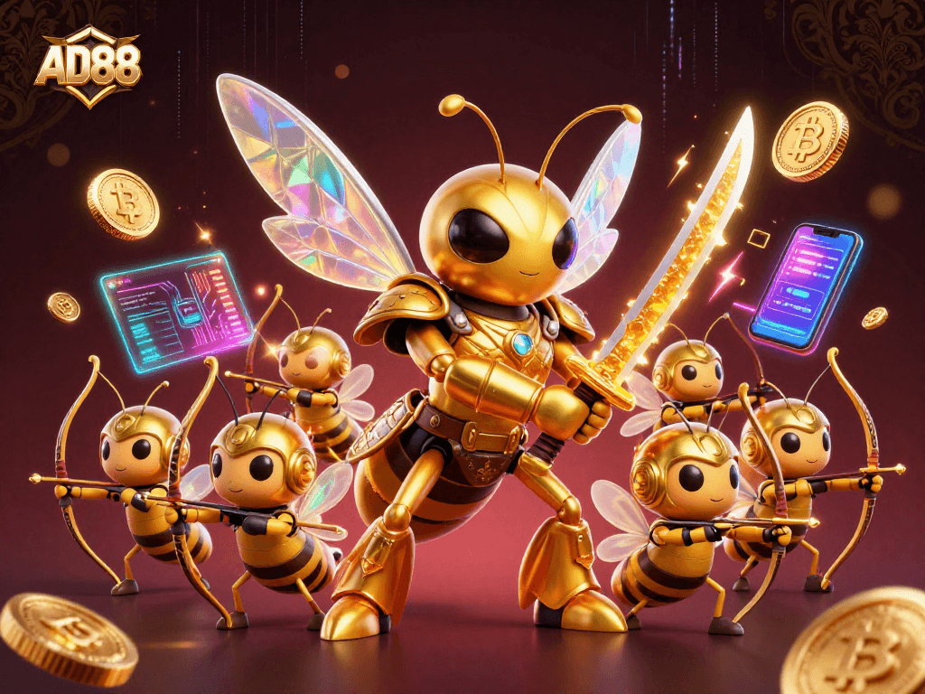 Experience thrilling gaming at AD88 with fantasy characters and vibrant cryptocurrency elements in an engaging casino setup.