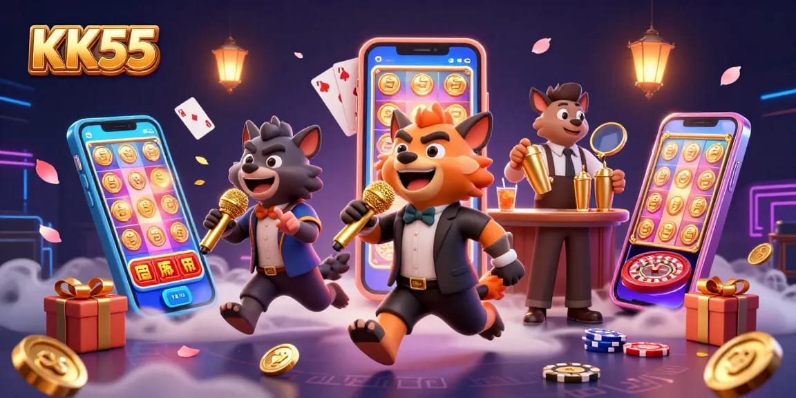 Experience the vibrant KK55 casino scene with lively hyenas, dynamic games, and engaging atmosphere.