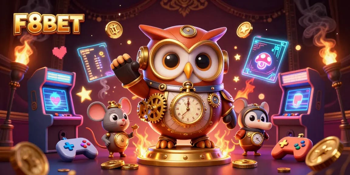 Engage with F8BET’s exciting gaming universe featuring a time-traveling owl and thrilling casino elements.