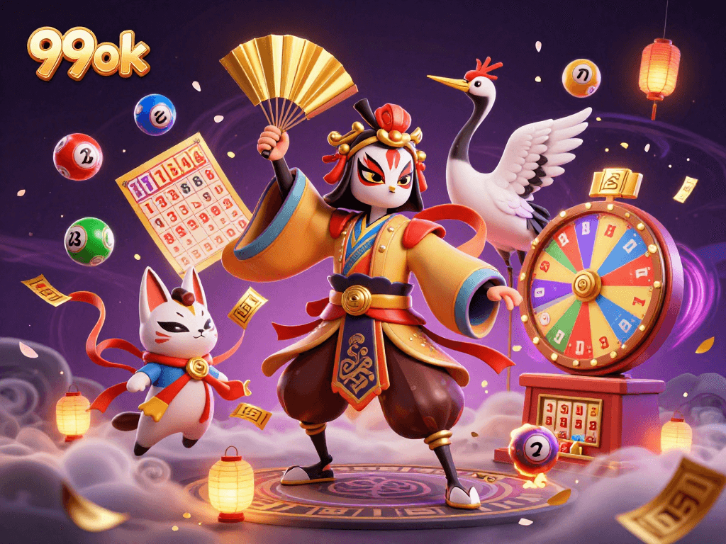 Engage with vibrant lottery elements featuring 99ok characters in a dynamic casino scene.