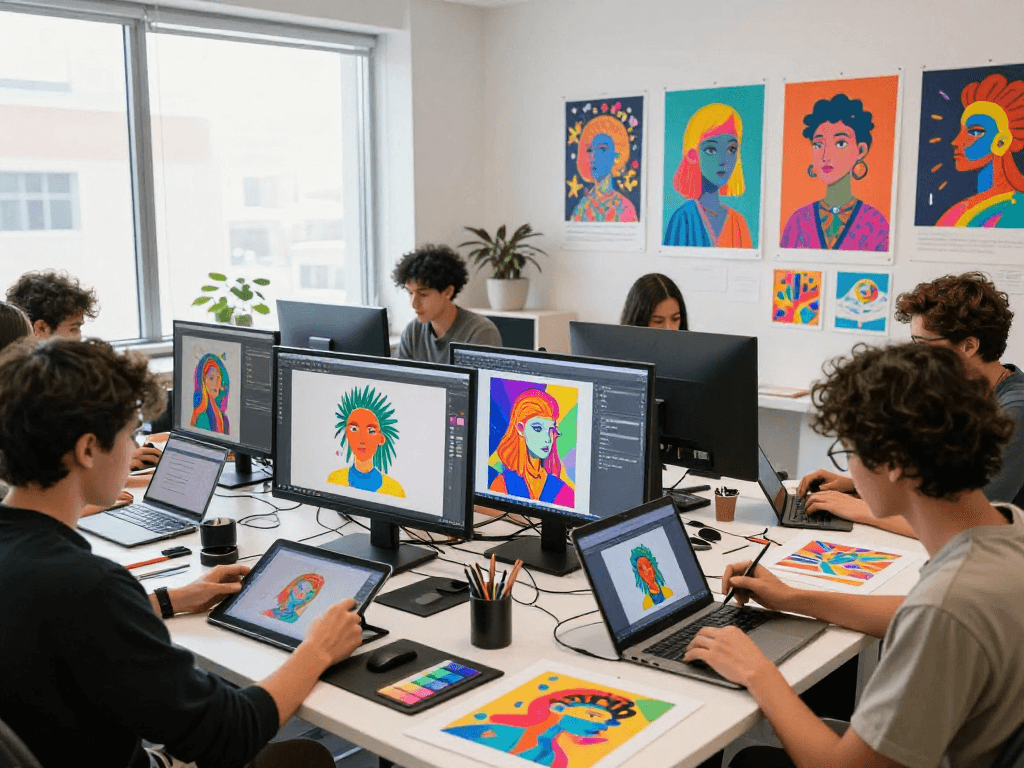 Collaborative digital artists creating NSFW AI designs in modern studio.