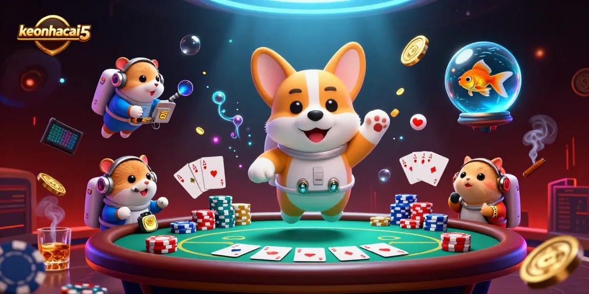 Experience the excitement of keonhacai5 with an astronaut corgi and whimsical casino elements.