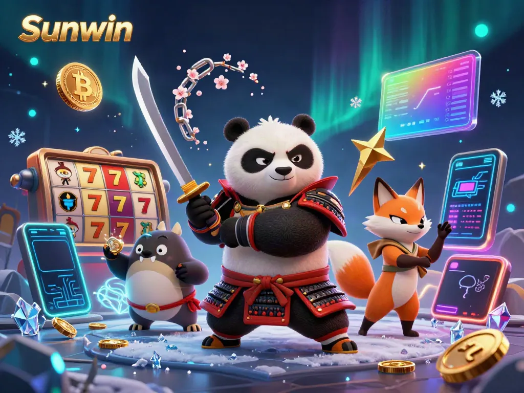 Engage in thrilling gameplay with Sunwin's dynamic 3D casino illustration featuring vibrant characters and exciting elements.