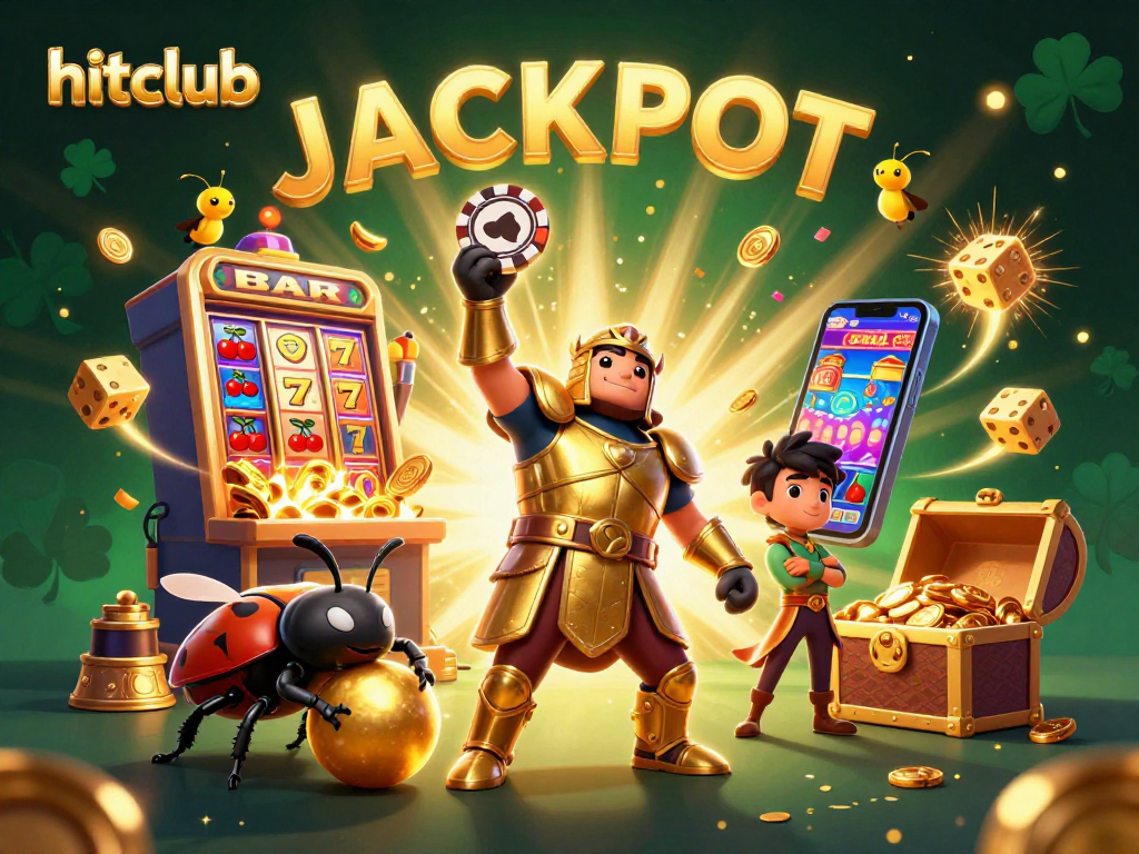 The hitclub brand showcases a victorious beetle character lifting a poker chip amid a lively casino scene filled with slot machines and golden coins.