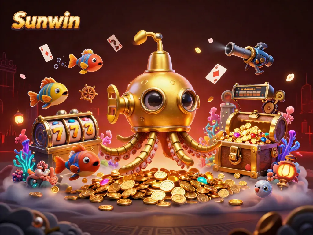 Engage in the thrilling world of Sunwin with a vibrant illustration featuring a golden kraken submarine and dynamic slot elements.