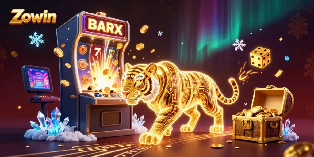 Zowin captivates with vibrant casino visuals featuring a glowing golden tiger and exciting gaming elements.