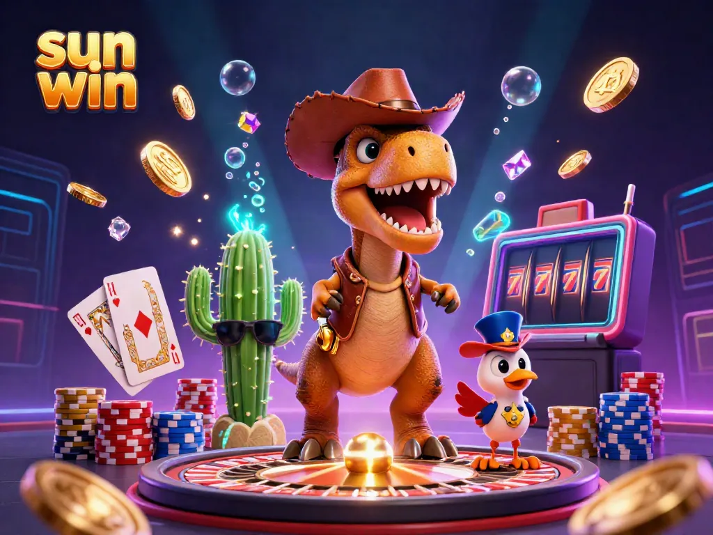 Experience the thrilling sun win adventure with unique characters and casino elements in a vibrant 3D scene.