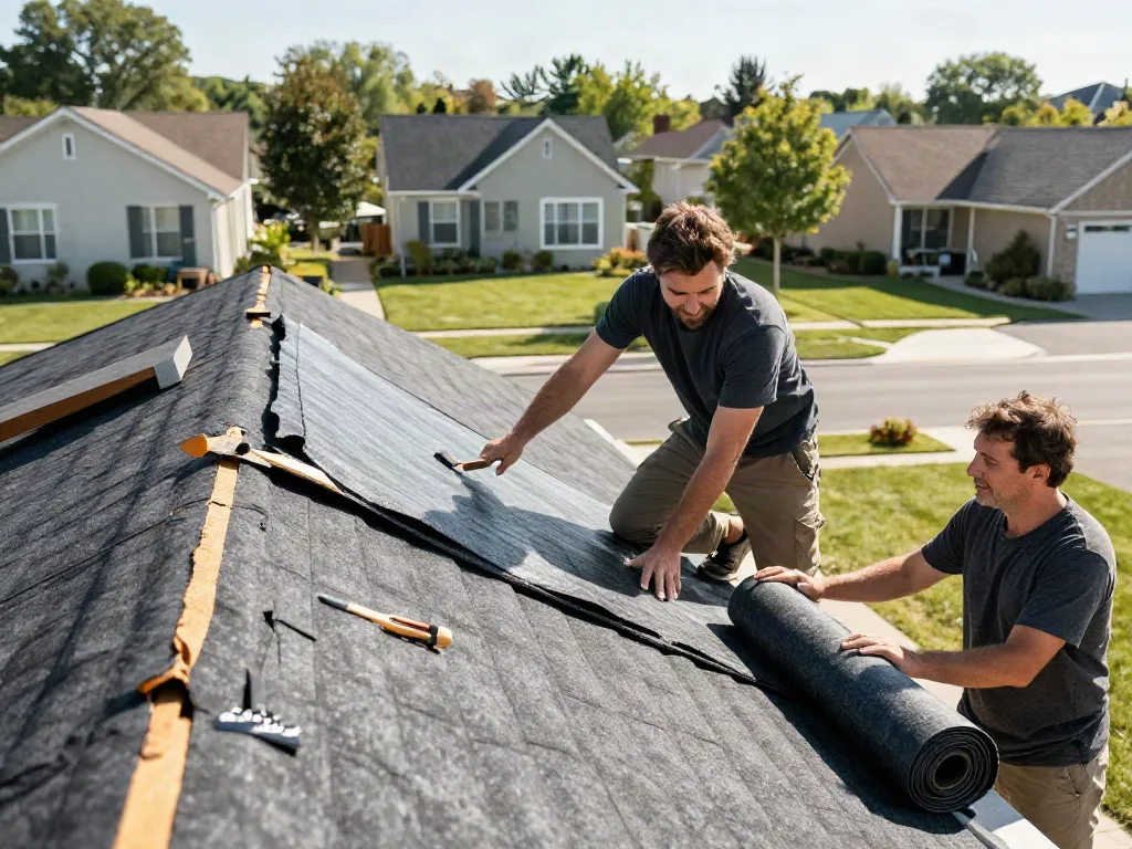 Felt roof replacement in progress with skilled roofer demonstrating quality work in a sunny neighborhood