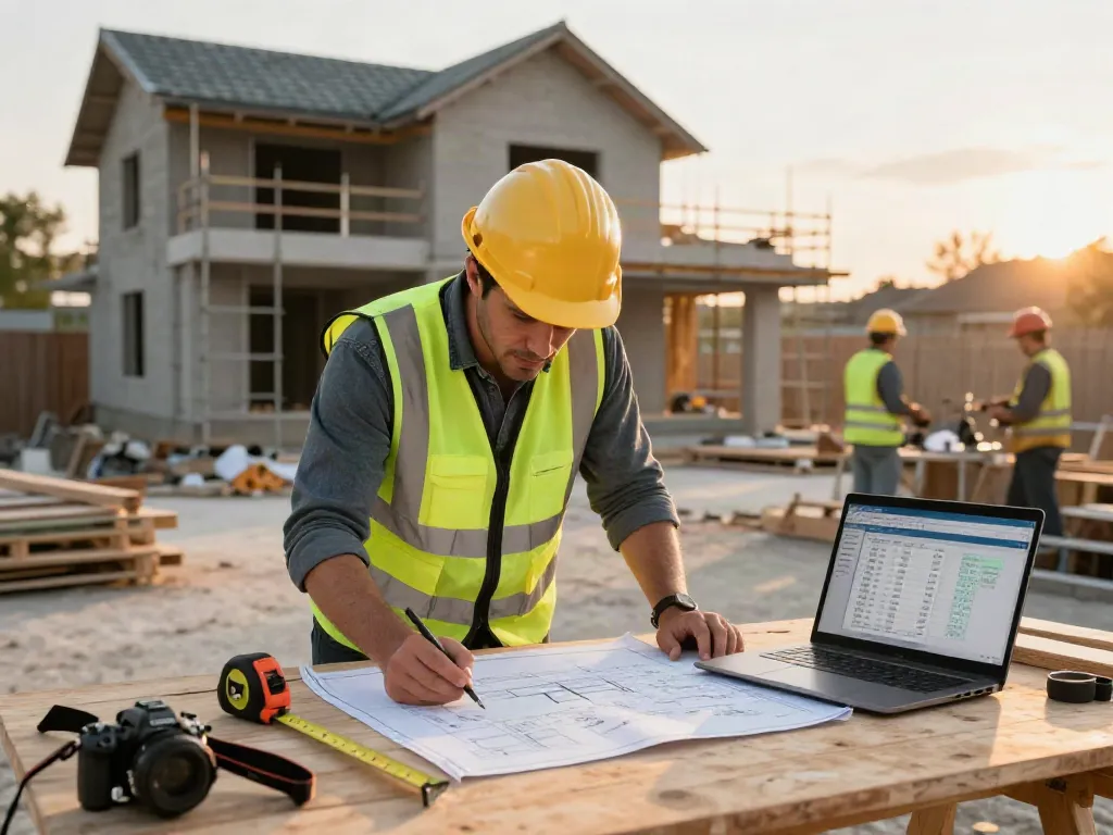 Residential quantity surveyor reviewing blueprints at a construction site, showcasing detailed planning and collaboration.