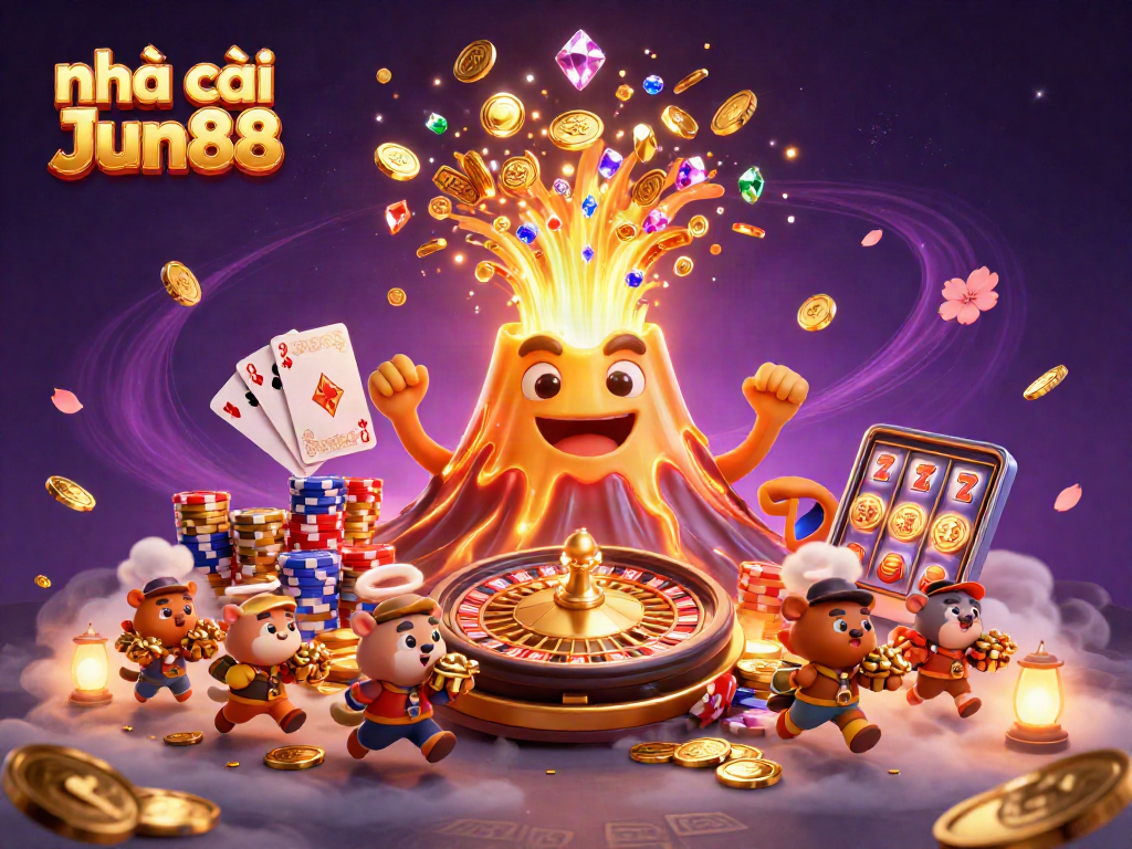 Engage with nhà cái Jun88 in this vibrant 3D casino scene filled with treasures and excitement.