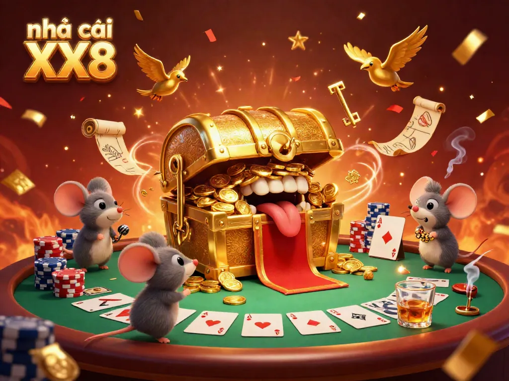 Engage in thrills with Nhà cái XX8, featuring a vibrant 3D casino scene of adventure and riches.