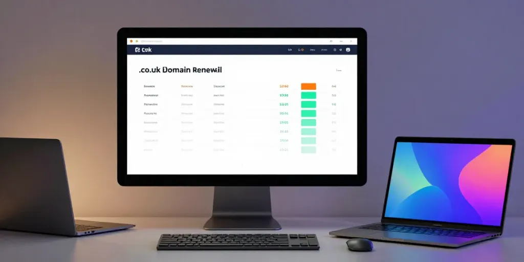Cheap .co.uk renewal pricing displayed on a professional tech setup for domain registration services.