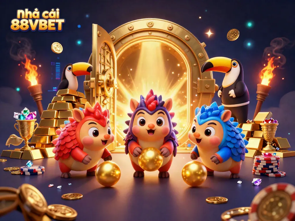 Experience excitement at Nhà cái 88VBET with a lively illustration of pangolins competing amidst golden treasures and poker chips.