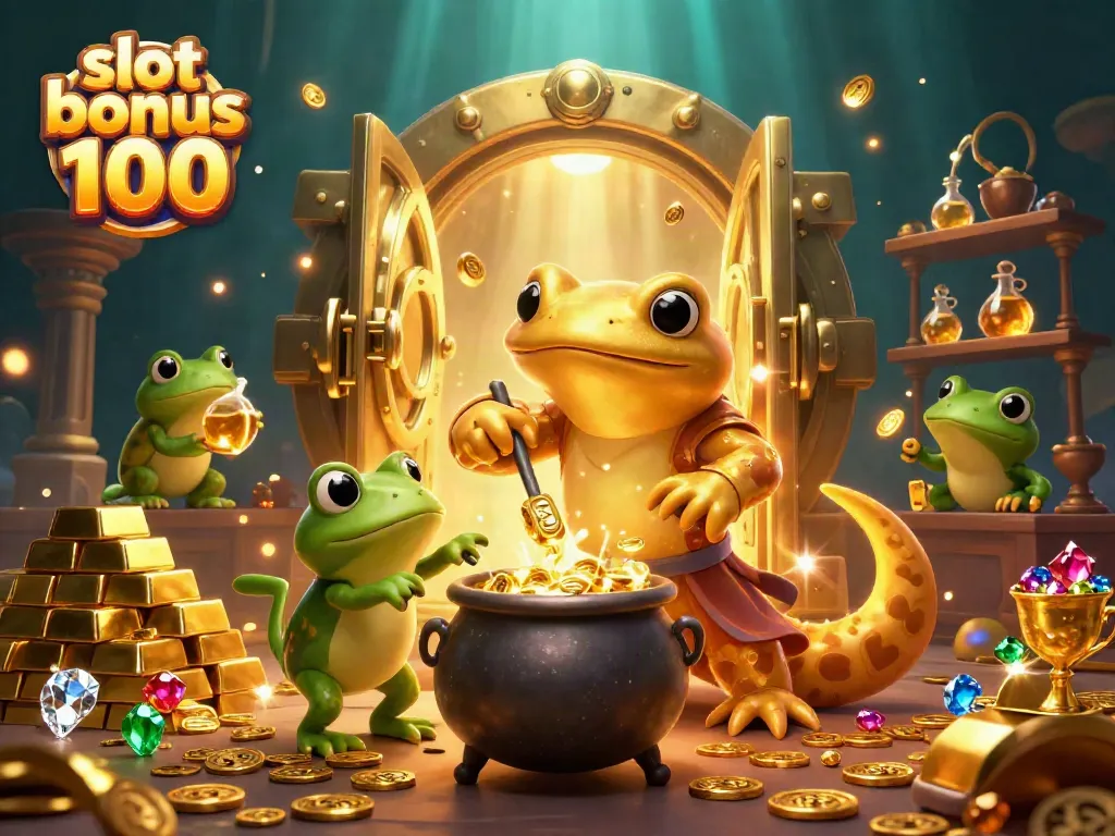 Experience the immersive action of playing slot bonus 100 in a vibrant golden gambling world with enchanting characters.