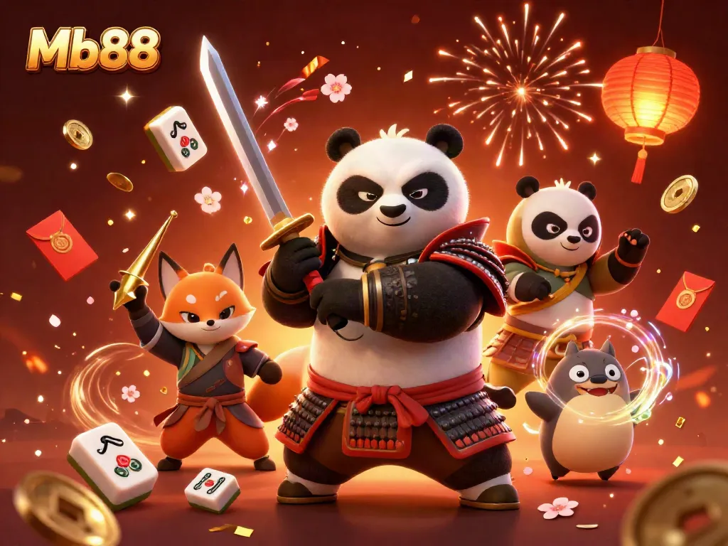 Engage with Mb88's thrilling gaming scene featuring a samurai panda and ninja fox