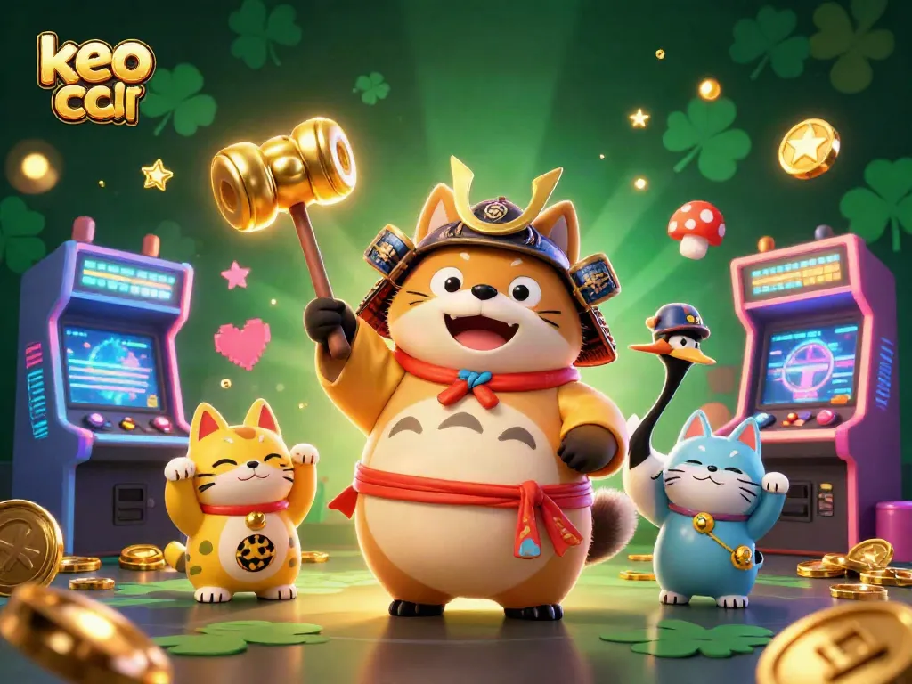 Engage in keo nha cai adventures with a cheerful tanuki, luck-fueled icons, and vibrant casino elements.