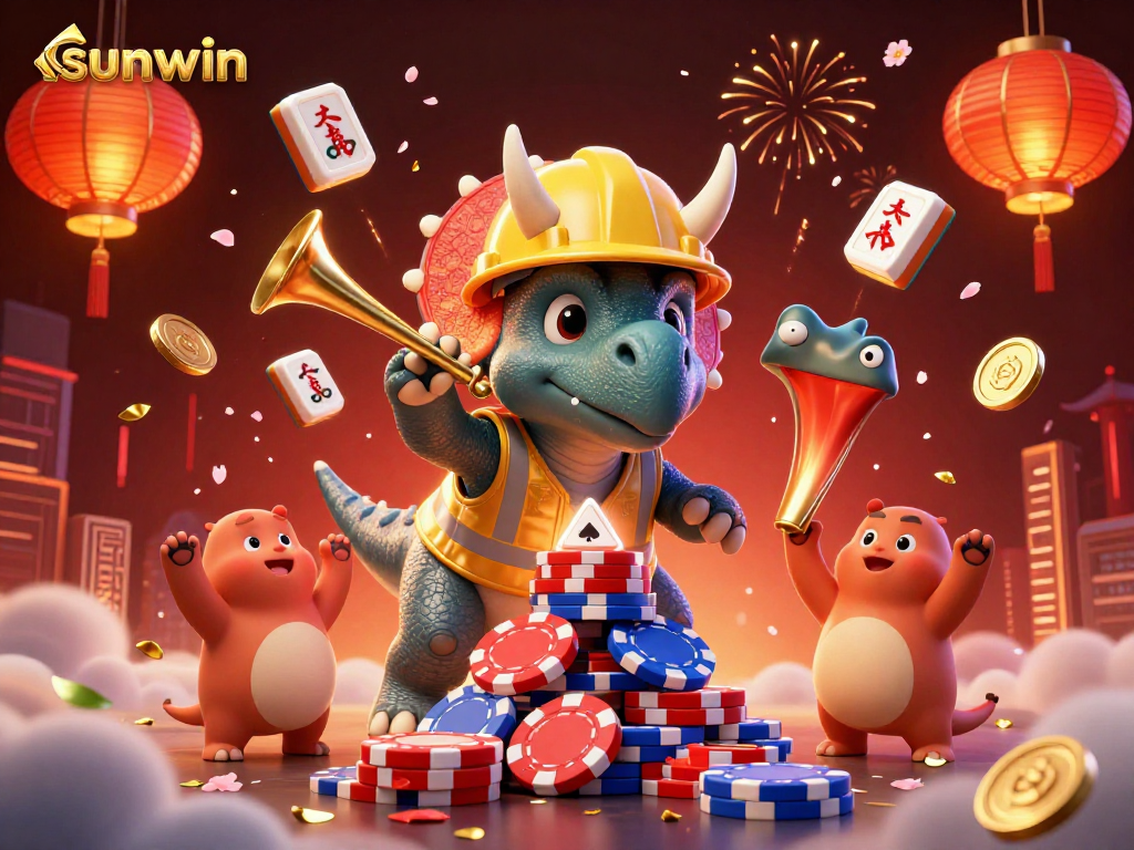 Engage with the sunwin casino at a vibrant celebration scene featuring animated characters building poker chip pyramids.