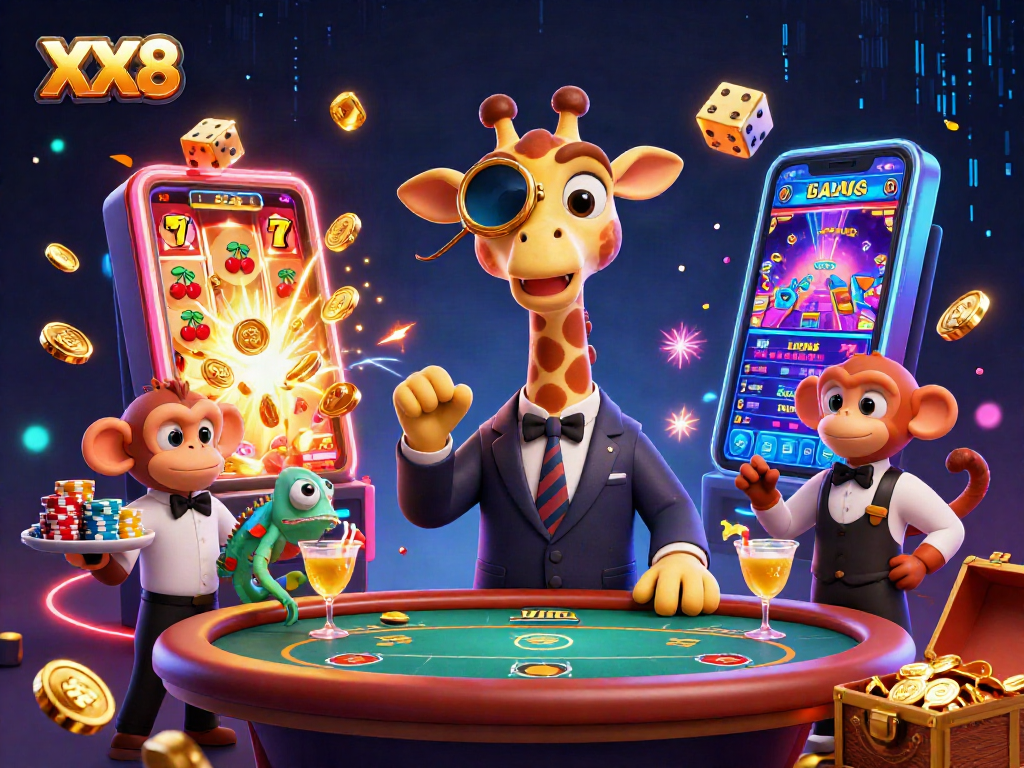Experience thrilling gameplay at XX8 with a high-roller giraffe, monkey valet, and chameleon bartender.