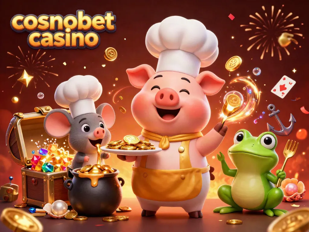 Experience the excitement of cosmobet casino with a dynamic scene featuring golden coins and playful characters.