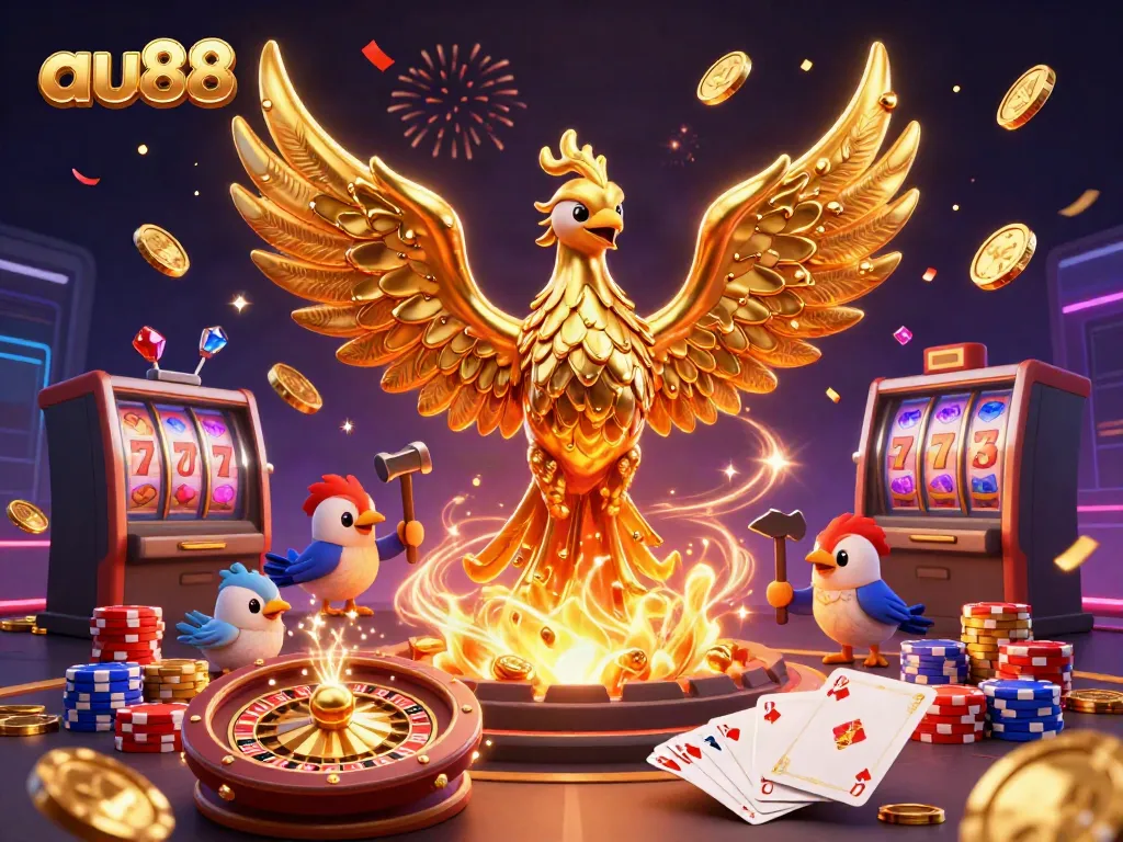 Experience the thrill of au88 with a vibrant illustration showcasing gaming elements and a golden phoenix.