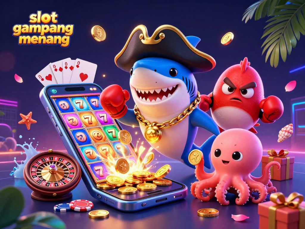 Engage with slot gampang menang through an exciting scene featuring a playful shark, a boxing pufferfish, and a treasure-holding octopus.