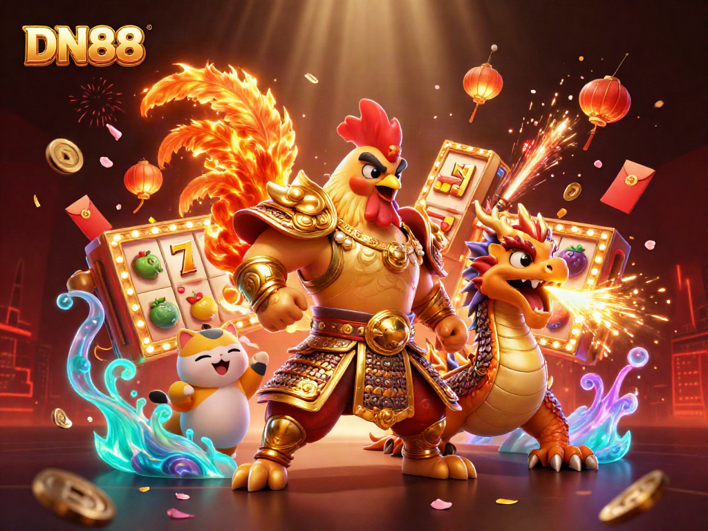 Experience the thrill of DN88 casino gaming with vibrant characters and dynamic slot elements.