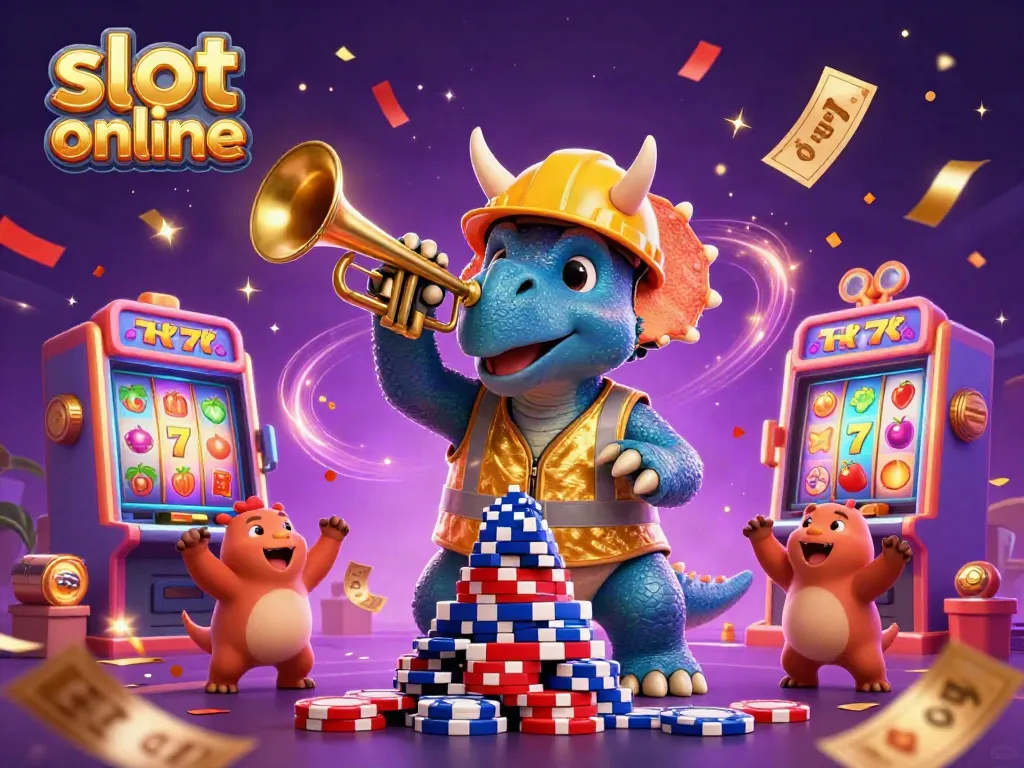 Engage with captivating slot online adventures in this ultra-detailed 3D scene featuring playful characters and vibrant casino elements.