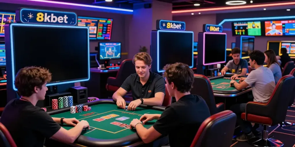 An exciting online gambling scene featuring players engaged in betting activities at 8kbet's modern lounge, illustrating a vibrant gaming atmosphere.