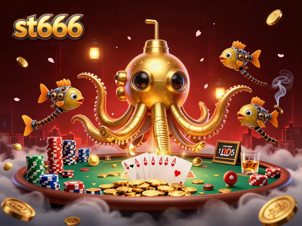 Win big with st666 as a golden kraken submarine navigates through coins and poker elements.
