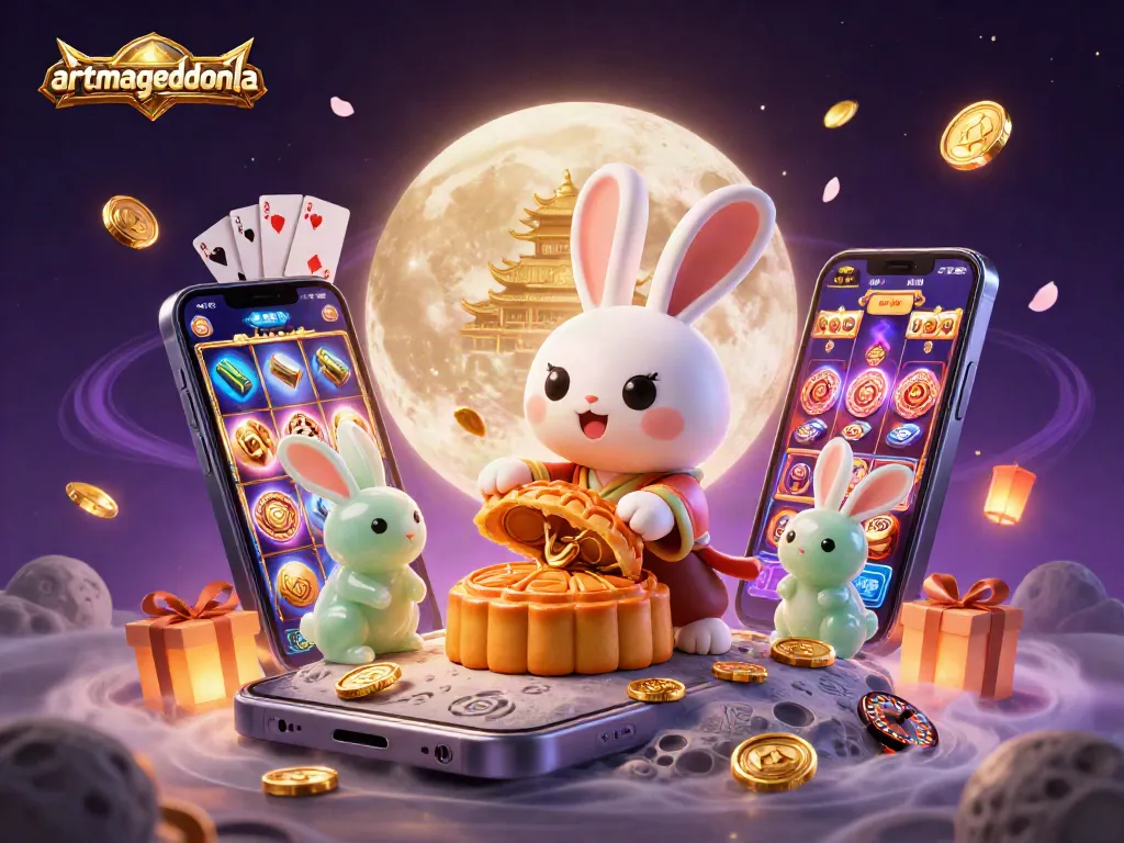 Experience thrilling casino adventures with artmageddonla's dynamic moon rabbit illustration revealing poker chips.