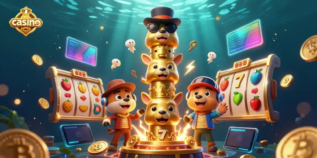 Engaging casino illustration displaying stacked animal faces, slot symbols, and digital crypto elements.