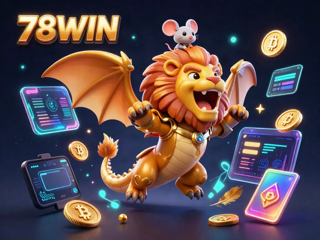 Excel in 78WIN gaming adventures with a roaring chimera supported by vibrant crypto elements and a dynamic design.