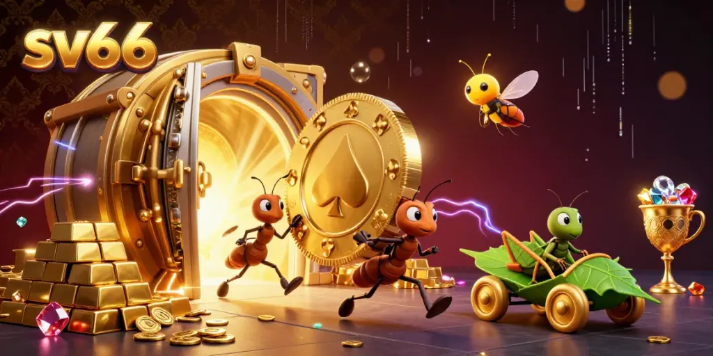 Ants carrying a giant poker chip in a vibrant casino heist scene, showcasing sv66 elements.
