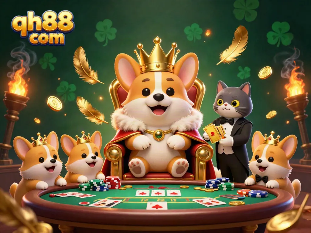 Experience the thrilling world of gambling at qh88 com with a royal corgi theme, featuring poker chips and golden cards.