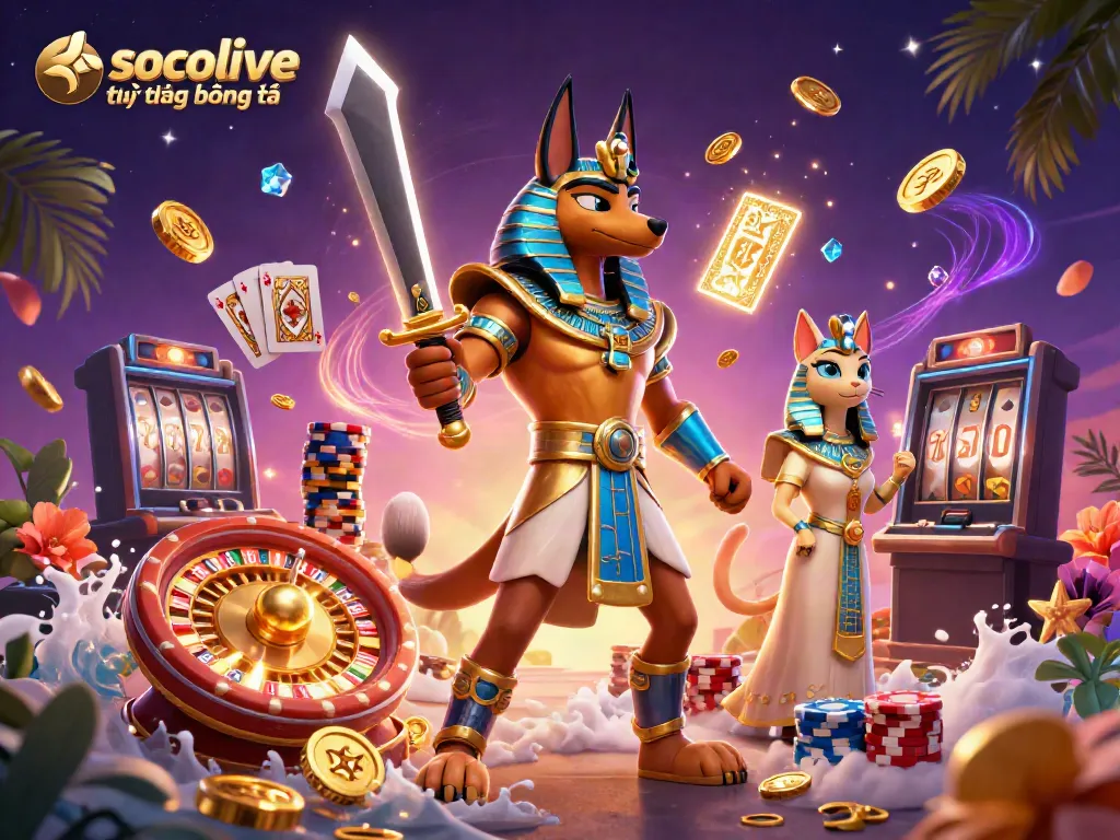 Socolive trực tiếp bóng đá features an ancient Egyptian warrior with Bastet, surrounded by vibrant casino elements.