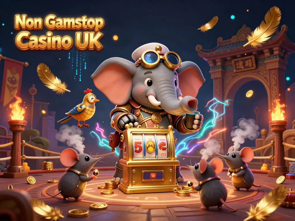 Engage with the world of Non Gamstop Casino UK as a whimsical steampunk elephant operates a golden slot machine.