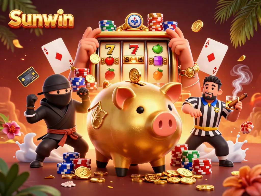 Sunwin showcases an exhilarating gaming scene with a golden piggy bank wrestler surrounded by vibrant slot game elements.