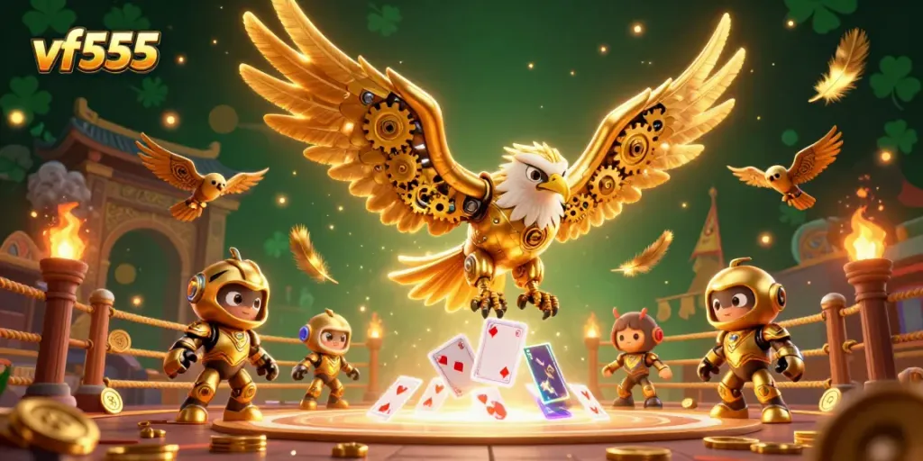 Experience the thrill of vf555 with a golden eagle diving through playing cards amidst a dynamic casino scene.