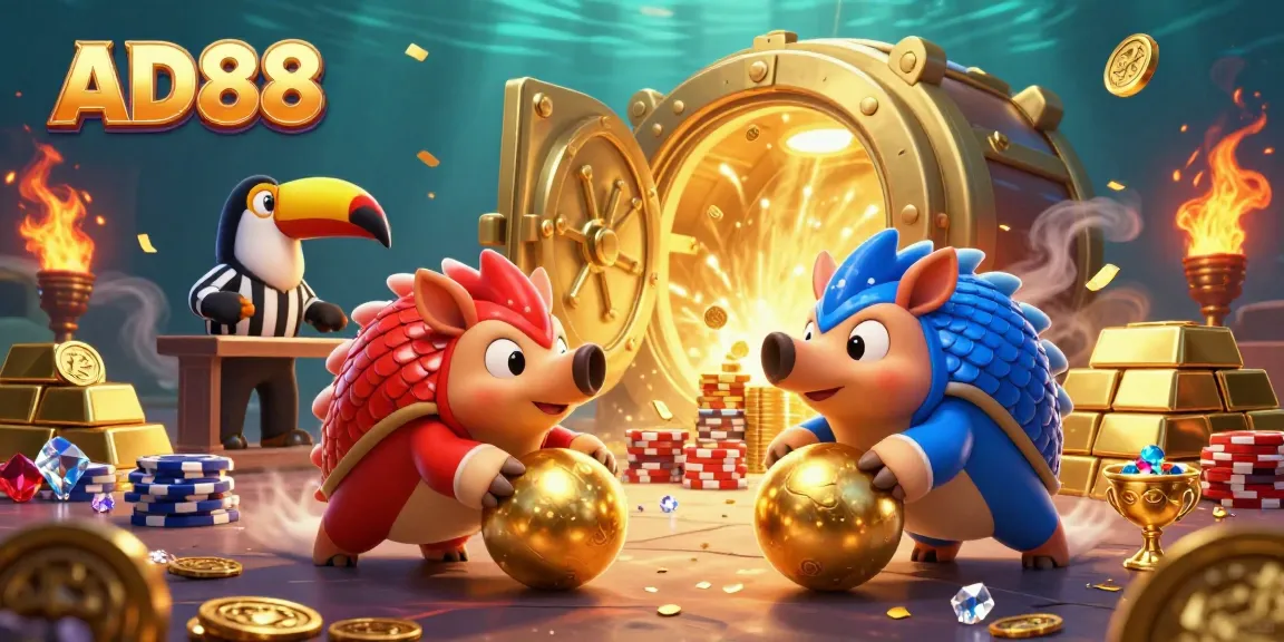 AD88 showcases two rival pangolins in a vibrant, action-packed casino scene featuring poker chips and gold.