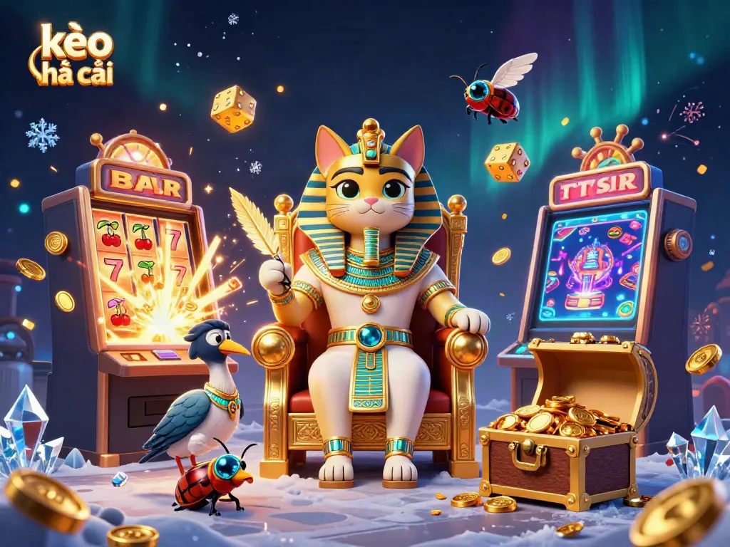 Engaging scene of kèo nhà cái featuring a pharaoh cat on a throne with slot machines and dazzling treasures.